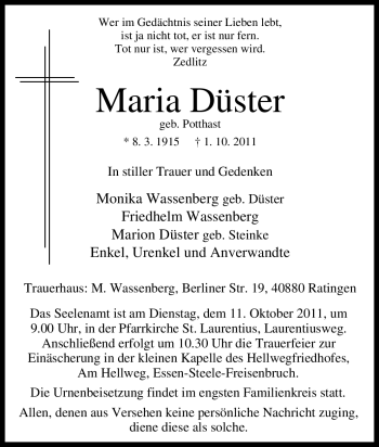 Traueranzeige von Maria Düster von Tageszeitung