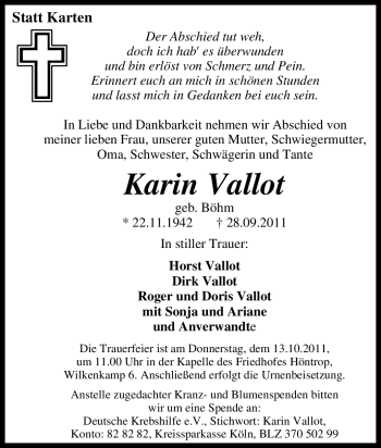 Traueranzeige von Karin Vallot von Tageszeitung
