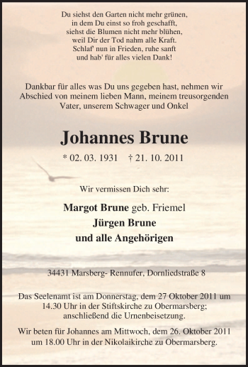 Traueranzeige von Johannes Brune von Tageszeitung