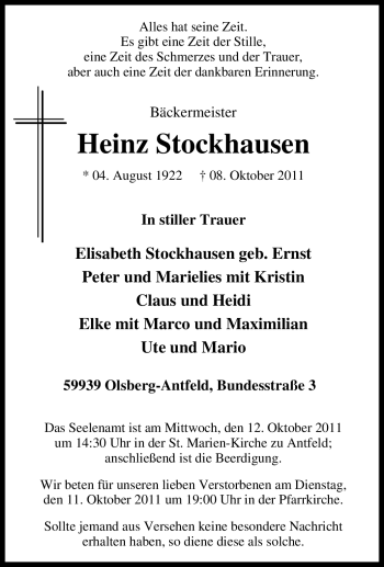 Traueranzeige von Heinz Stockhausen von Tageszeitung
