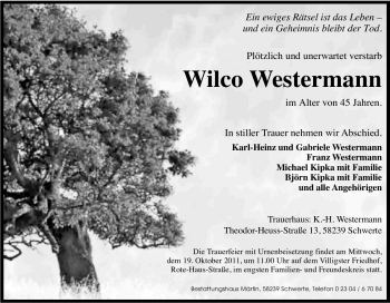 Traueranzeige von Wilco Westermann von Tageszeitung