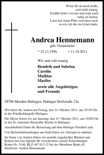 Traueranzeige von Andrea Hennemann von Tageszeitung