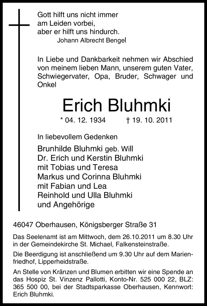  Traueranzeige für Erich Bluhmki vom 22.10.2011 aus Tageszeitung