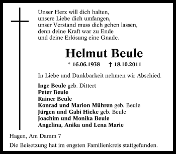 Traueranzeige von Helmut Beule von Tageszeitung