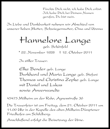 Traueranzeige von Hannelore Lange von Tageszeitung