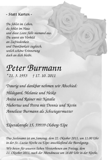 Traueranzeige von Peter Burmann von Tageszeitung