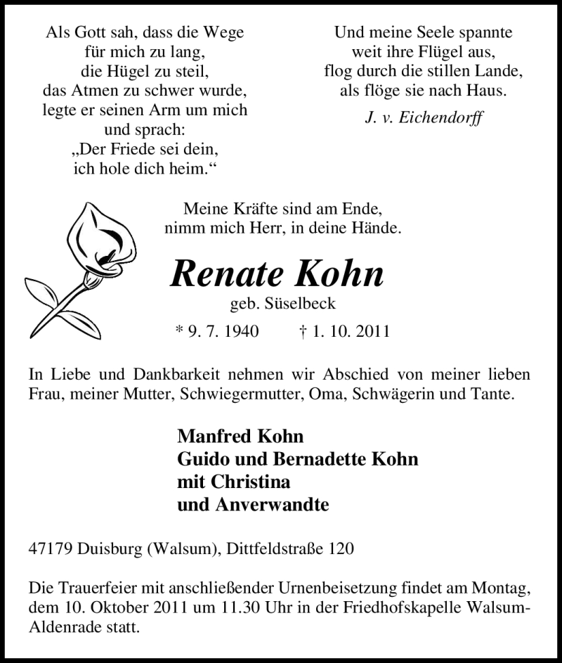  Traueranzeige für Renate Kohn vom 05.10.2011 aus Tageszeitung