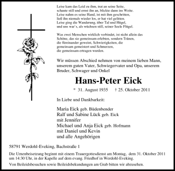 Traueranzeige von Hans-Peter Eick von Tageszeitung