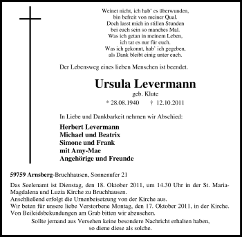 Traueranzeige von Ursula Levermann von Tageszeitung
