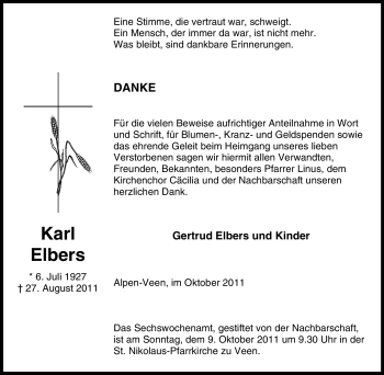 Traueranzeige von Karl Elbers von Tageszeitung