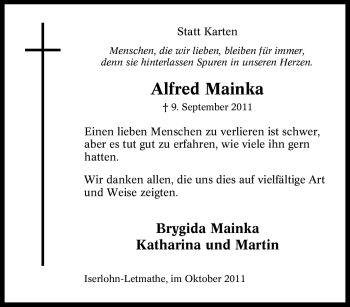 Traueranzeige von Alfred Mainka von Tageszeitung