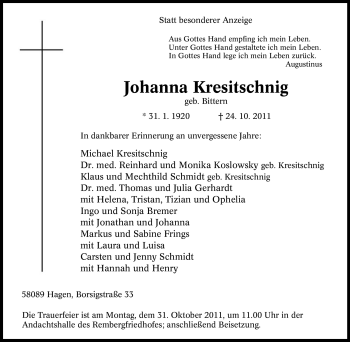 Traueranzeige von Johanna Kresitschnig von Tageszeitung