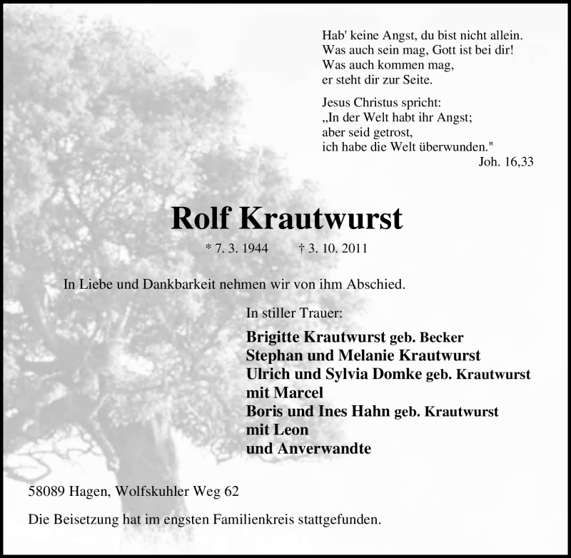  Traueranzeige für Rolf Krautwurst vom 08.10.2011 aus Tageszeitung