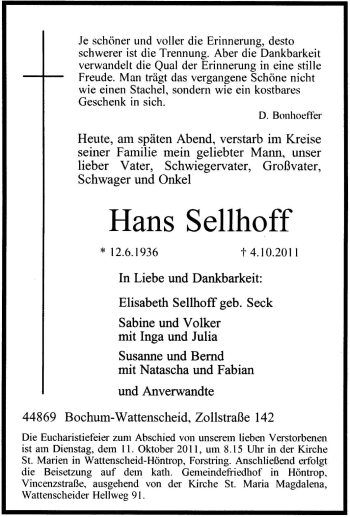 Traueranzeige von Hans Sellhoff von Tageszeitung