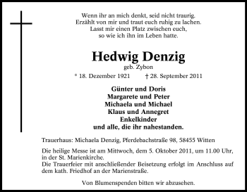 Traueranzeige von Hedwig Denzig von Tageszeitung