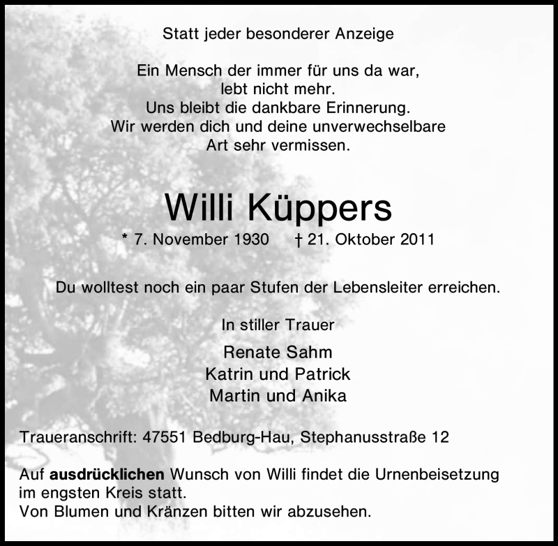  Traueranzeige für Willi Küppers vom 26.10.2011 aus Tageszeitung