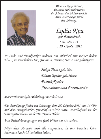 Traueranzeige von Lydia Neu von Tageszeitung
