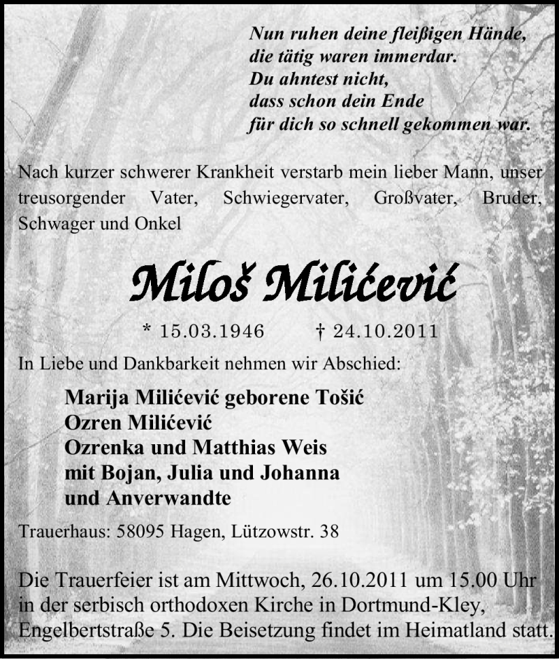  Traueranzeige für Milos Milicévic´ vom 26.10.2011 aus Tageszeitung