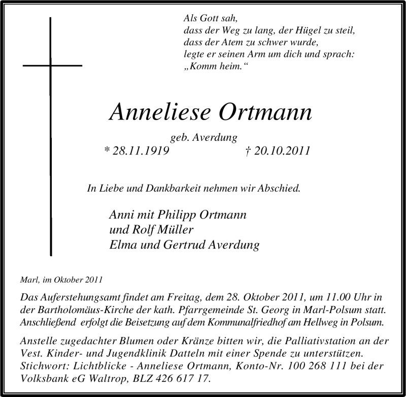  Traueranzeige für Anneliese Ortmann vom 25.10.2011 aus Tageszeitung
