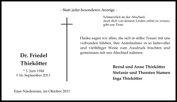 Traueranzeige von Friedel Thiekötter von Tageszeitung