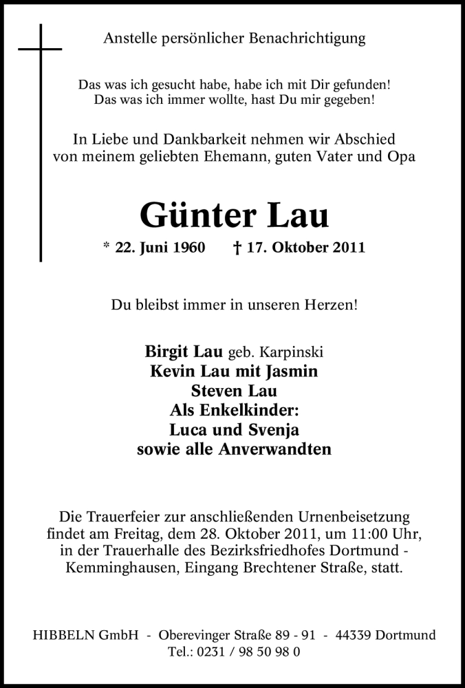  Traueranzeige für Günter Lau vom 25.10.2011 aus Tageszeitung