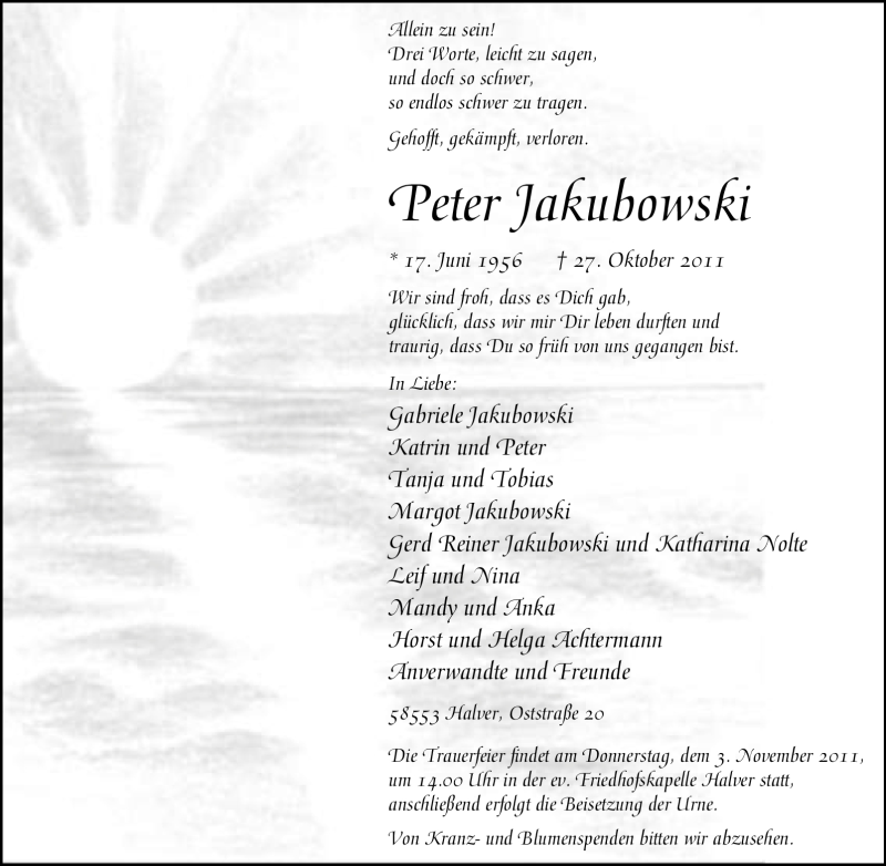  Traueranzeige für Peter Jakubowski vom 29.10.2011 aus Tageszeitung