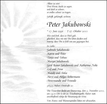 Traueranzeige von Peter Jakubowski von Tageszeitung