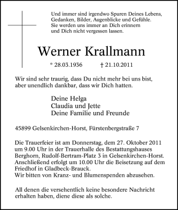 Traueranzeige von Werner Krallmann von Tageszeitung