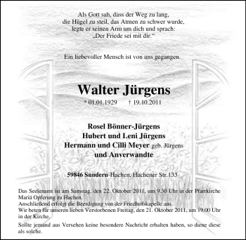 Traueranzeige von Walter Jürgens von Tageszeitung