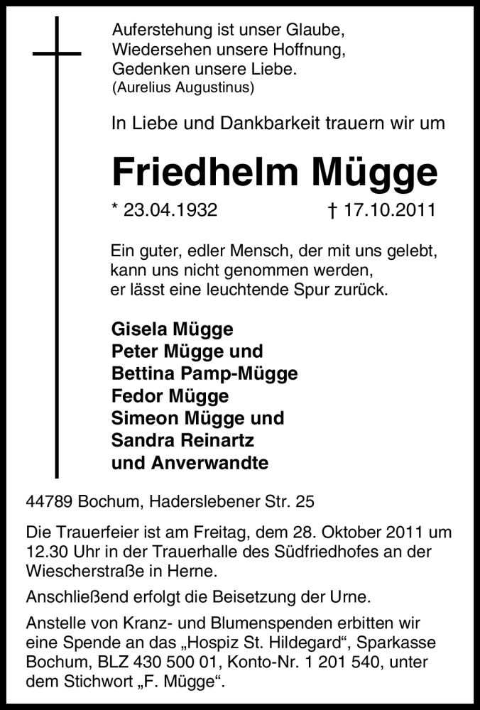 Traueranzeigen von Friedhelm Mügge TrauerinNRW.de