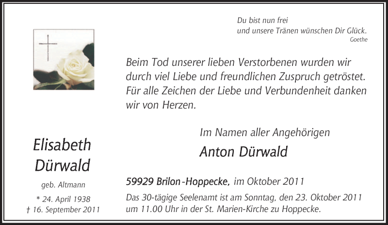  Traueranzeige für Elisabeth Dürwald vom 15.10.2011 aus Tageszeitung