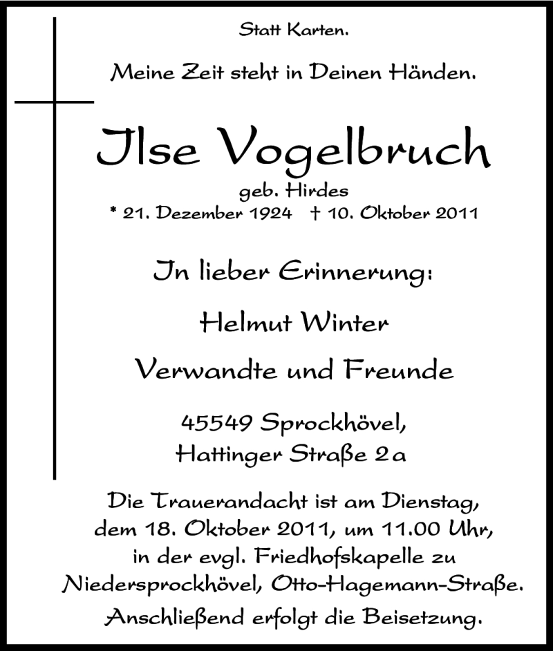  Traueranzeige für Ilse Vogelbruch vom 15.10.2011 aus Tageszeitung