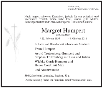 Traueranzeige von Margret Humpert von Tageszeitung