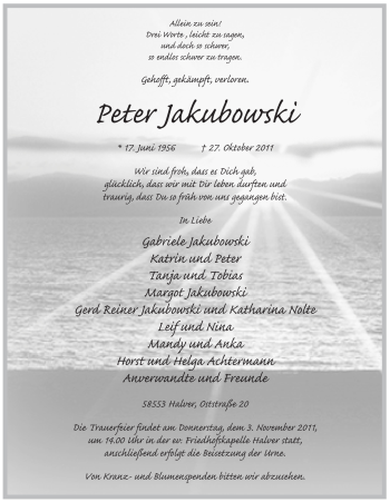 Traueranzeige von Peter Jakubowski von Tageszeitung