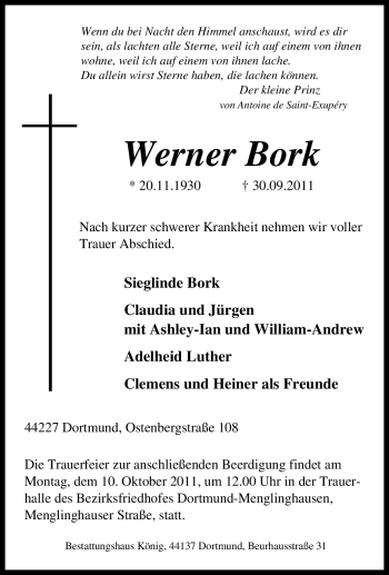 Traueranzeige von Werner Bork von Tageszeitung