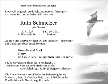 Traueranzeige von Ruth Schmelzer von Tageszeitung