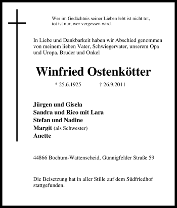 Traueranzeige von Winfried Ostenkötter von Tageszeitung