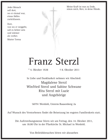 Traueranzeige von Franz Sterzl von Tageszeitung
