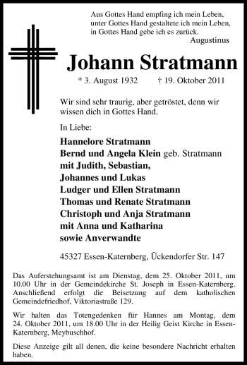 Traueranzeige von Johann Stratmann von Tageszeitung