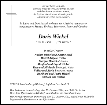 Traueranzeige von Doris Wickel von Tageszeitung
