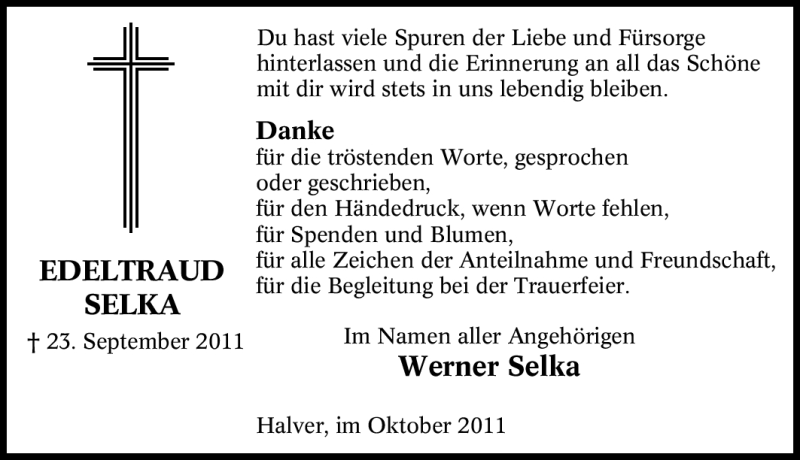  Traueranzeige für Edeltraud Selka vom 22.10.2011 aus Tageszeitung