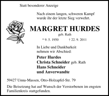 Traueranzeige von Margret Hurdes von Tageszeitung