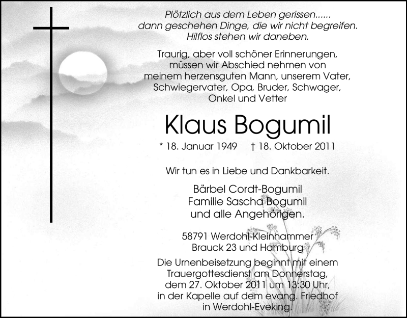  Traueranzeige für Klaus Bogumil vom 22.10.2011 aus Tageszeitung