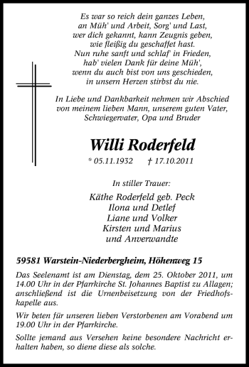 Traueranzeige von Willi Roderfeld von Tageszeitung