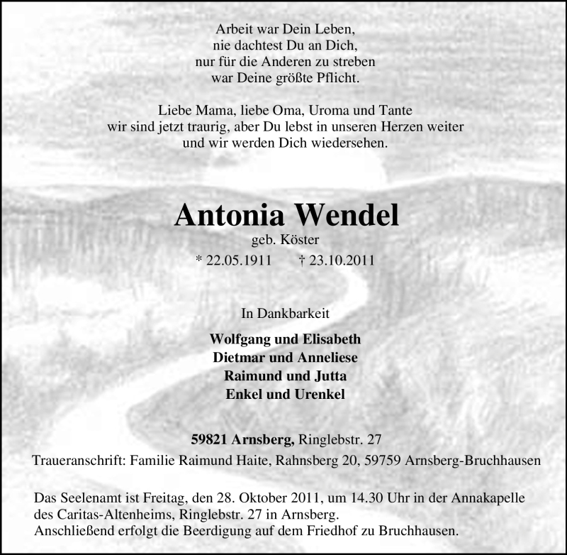  Traueranzeige für Antonia Wendel vom 25.10.2011 aus Tageszeitung