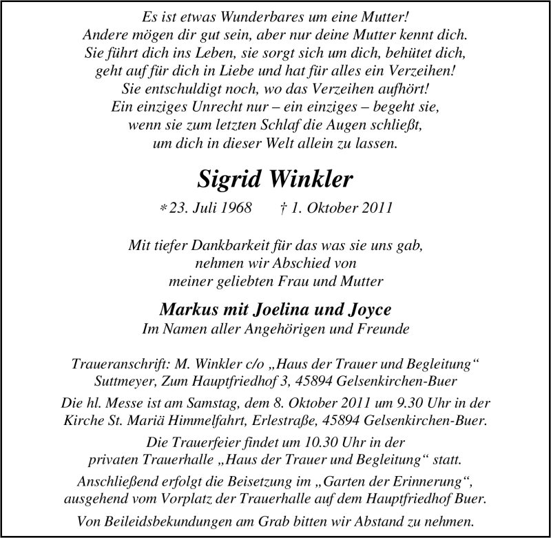  Traueranzeige für Sigrid Winkler vom 05.10.2011 aus Tageszeitung