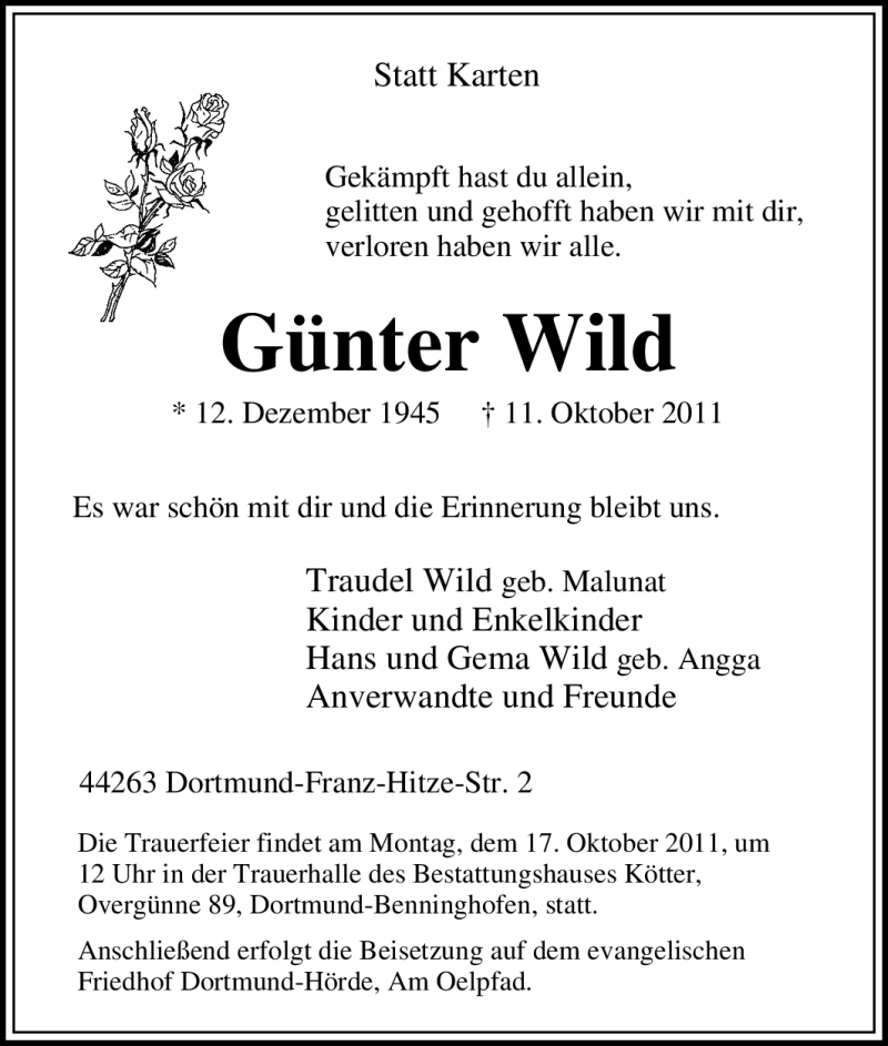  Traueranzeige für Günter Wild vom 14.10.2011 aus Tageszeitung