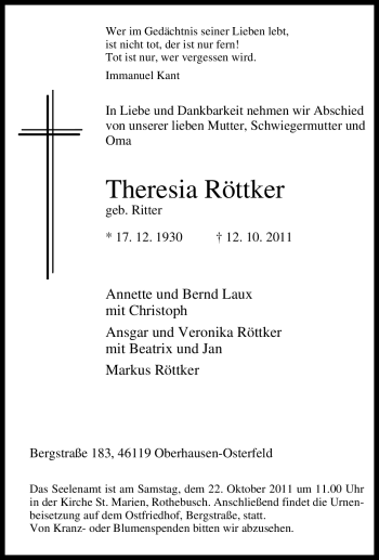 Traueranzeige von Theresia Röttker von Tageszeitung