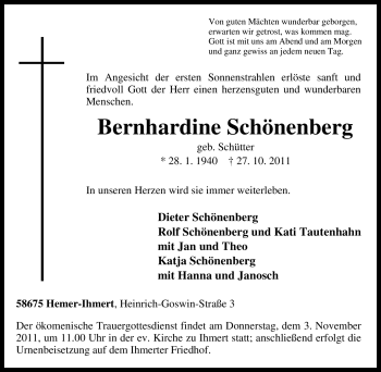 Traueranzeige von Bernhardine Schönenberg von Tageszeitung