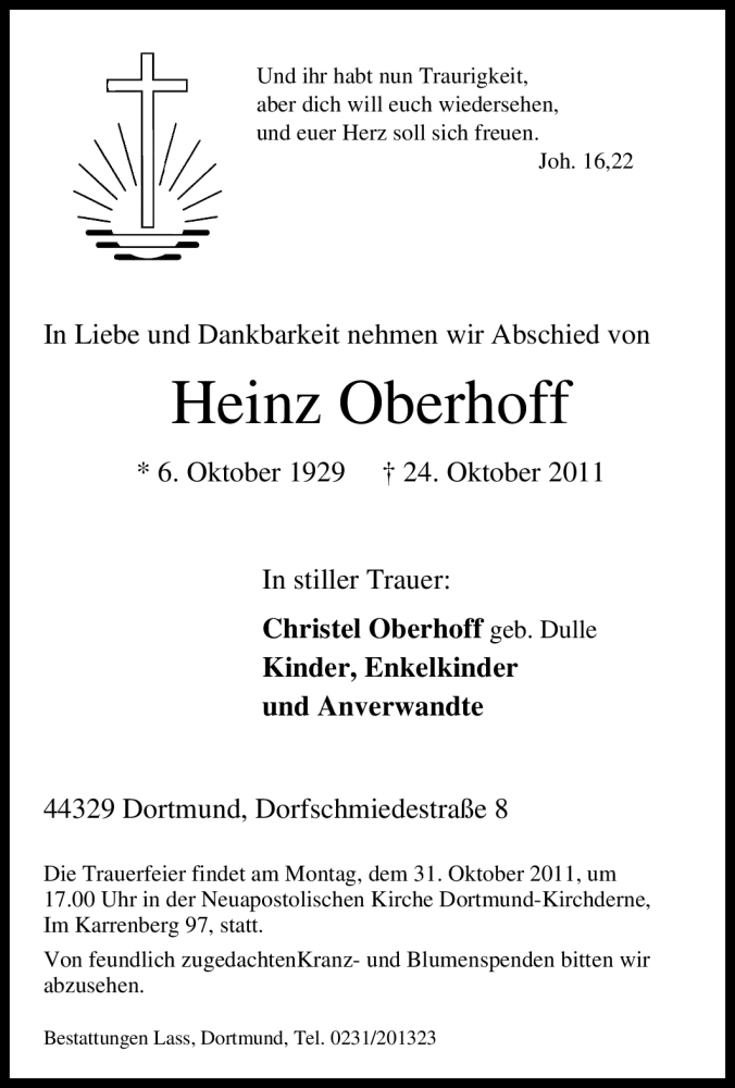 Traueranzeigen von Heinz Oberhoff TrauerinNRW.de
